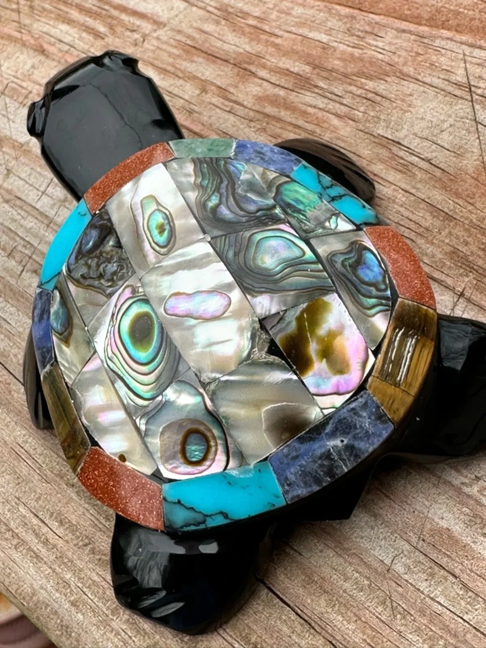 Carved Obsidian Turtle with Multicolor Inlay and Abalone Shell - Picture 3 of 5